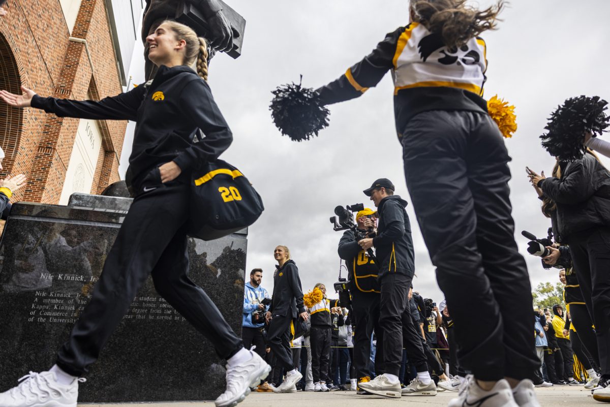 Iowa walks into the stadium before Crossover at Kinnick, a women’s exhibition basketball game between Iowa and DePaul, at Kinnick Stadium in Iowa City on Sunday, Oct. 15, 2023. The Hawkeyes enter the 2023-24 season after advancing to the NCAA Championship for the first time in program history last year and winning a program-best 31 games in a single season in the 2022-23 season. (Grace Smith/The Daily Iowan)