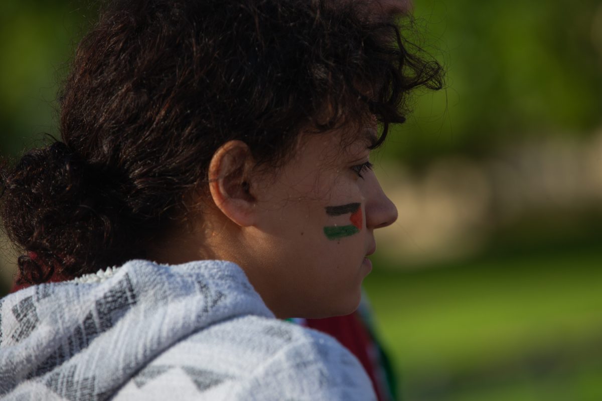 A protester attends a protest with their face painted with the Palestinian flag. Pro-Palestine protesters gathered at the Old Capital in Iowa City on Oct. 15, 2023. 