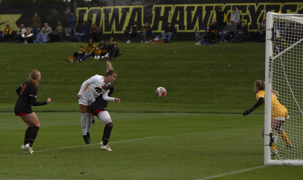 Iowa+forward+Kelli+Mcgroarty+heads+the+ball+and+scores+a+goal+during+a+soccer+match+between+Iowa+and+Maryland+at+the+Soccer+Complex+in+Iowa+City+on+Sunday%2C+Oct.+15%2C+2023.+The+Hawkeyes+defeat+the+Terrapins%2C+5-0.