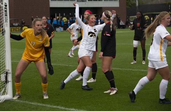 Iowa midfielder Sofia Bush celebrates during a soccer match between Iowa and Maryland at the Soccer Complex in Iowa City on Sunday, Oct. 15, 2023. The Hawkeyes defeat the Terrapins, 5-0.