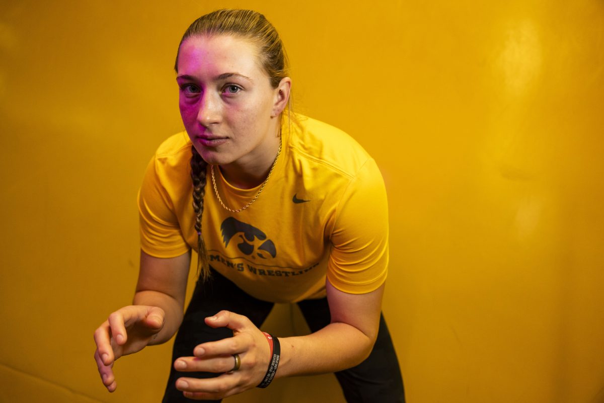 Iowa’s 170-pound Kylie Welker poses for a portrait during the inaugural Iowa women’s wrestling media day in the Feller Club Room and the Dan Gable Wrestling Complex at Carver-Hawkeye Arena on Wednesday, Oct. 16, 2023. In the 2022-23 season as an unattached wrestler, Welker was runner-up at the U20 National Championship in 2023.