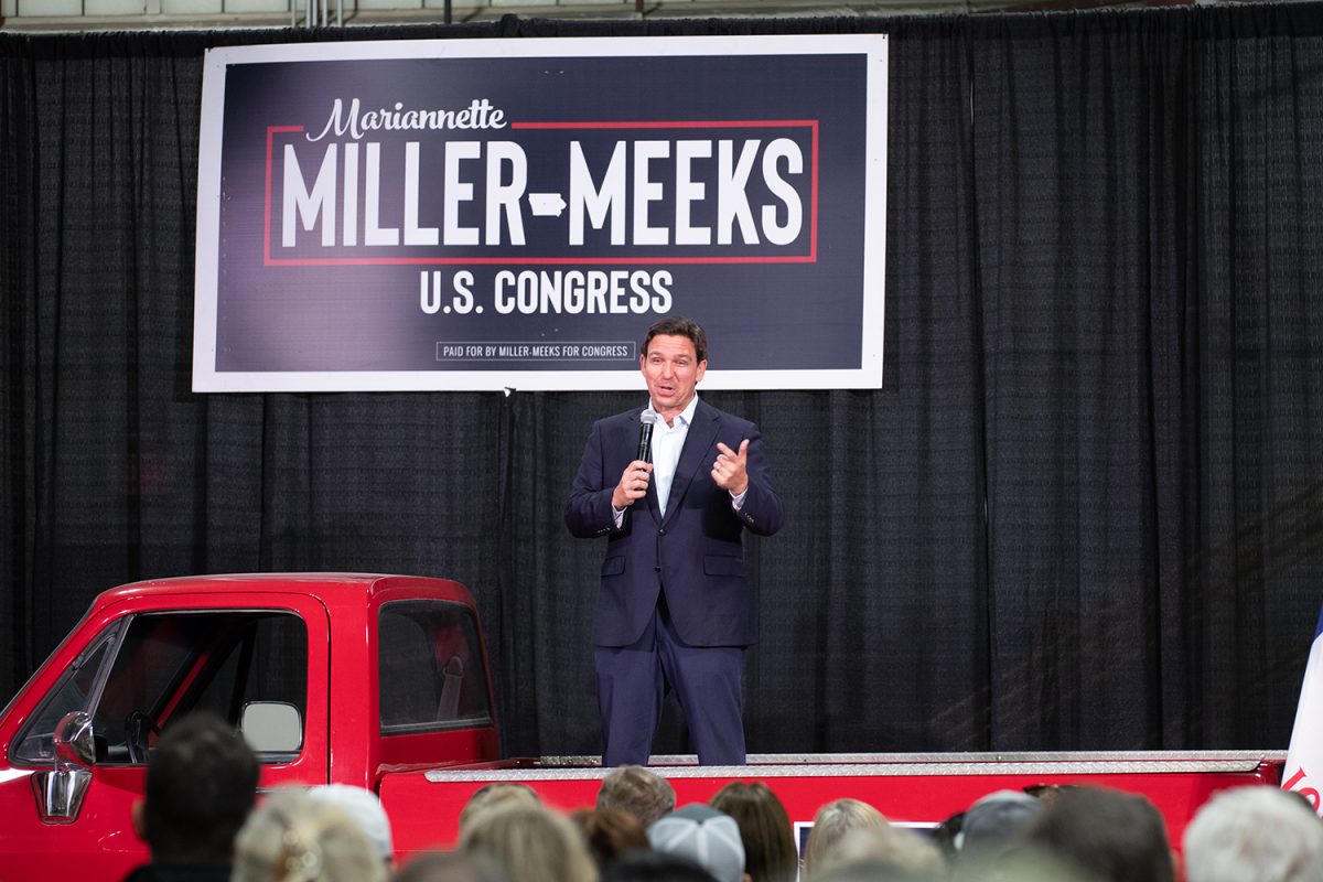 Ron DeSantis speaks to crowd During Mariannette Miller-Meeks Political Tailgate in Coralville, on Oct 20, 2023. 