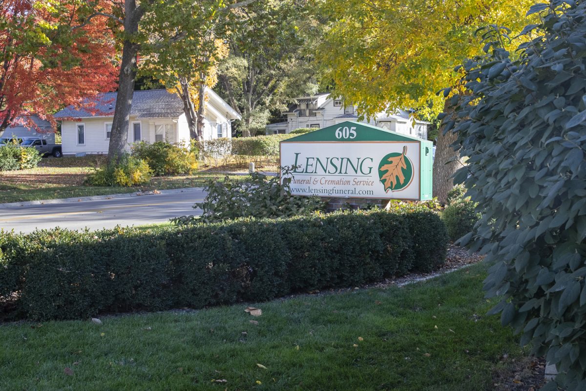 The Lensing Funeral & Cremation Service building is seen in Iowa City on Saturday, Oct. 21, 2023. 