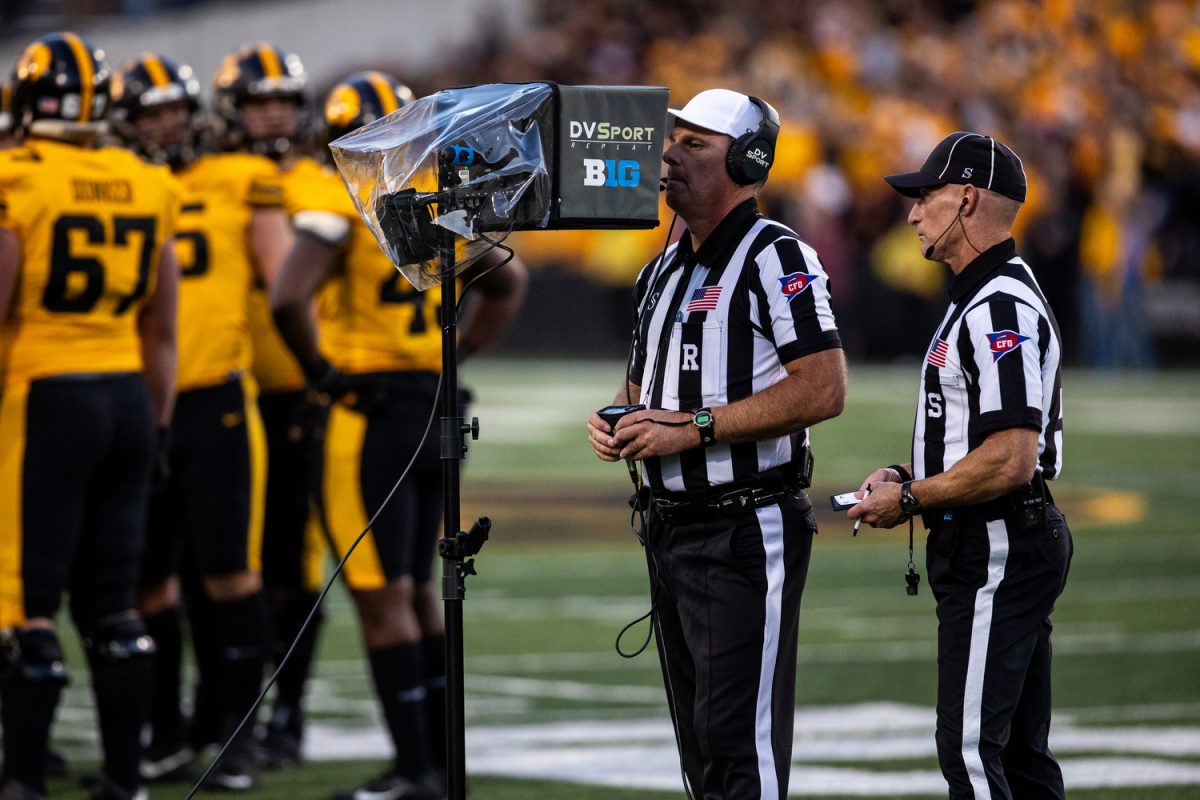 Officials+review+Cooper+DeJean%E2%80%99s+touchdown+punt+return+during+a+football+game+between+No.+24+Iowa+and+Minnesota+at+Kinnick+Stadium+in+Iowa+City+on+Saturday%2C+Oct.+21%2C+2023.+The+Golden+Gophers+defeated+the+Hawkeyes%2C+12-10.