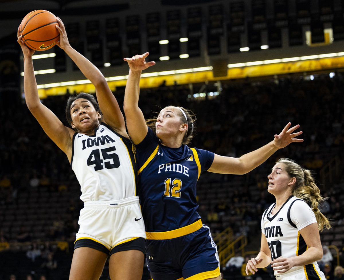 Iowa+forward+Hannah+Stuelke+catches+a+rebound+during+an+exhibition+women%E2%80%99s+basketball+game+between+Iowa+and+Clarke+University+at+Carver-Hawkeye+Arena+on+Sunday%2C+Oct.+22%2C+2023.+The+matchup+marks+Iowa%E2%80%99s+first+game+in+Carver-Hawkeye+Arena+for+the+2023-24+season.+Stuelke+contributed+10+rebounds+to+Iowa%E2%80%99s+48.+The+Hawkeyes+defeated+the+Pride%2C+122-49.