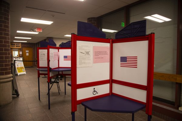 Polling booths are seen during early voting at the Johnson County Auditor’s Office in Iowa City on Wednesday, Oct. 25, 2023. Early voting ends on Tuesday, Nov. 6. 