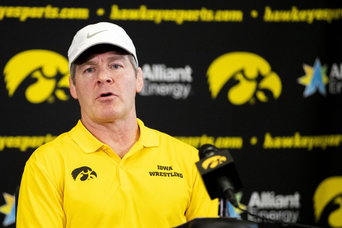 Iowa head coach Tom Brands speaks at a press conference during the Iowa mens wrestling media day at Carver-Hawkeye Arena a Iowa on Thursday, Oct. 26, 2023.