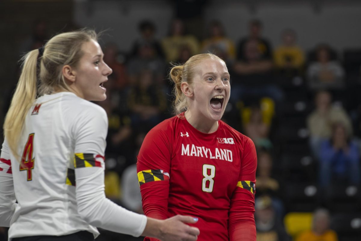 Iowas Sydney Dowler celebrates during a volleyball match between Maryland and Iowa at Xtream Arena in Coralville on Oct. 28, 2023. The Terrapins defeated the Hawkeyes 3-0. 