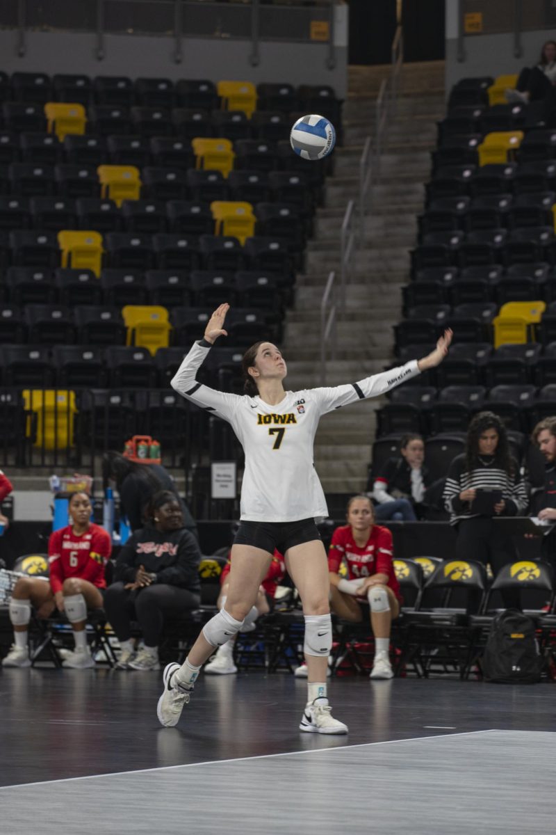 Iowas Caitlin Buettner serves during a volleyball match between Maryland and Iowa at Xtream Arena in Coralville on Oct. 28, 2023. The Terrapins defeated the Hawkeyes 3-0. 