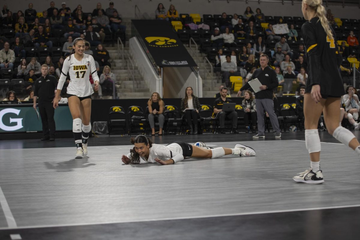 Iowas Nataly Moravec dives for the ball during a volleyball match between Maryland and Iowa at Xtream Arena in Coralville on Oct. 28, 2023. The Terrapins defeated the Hawkeyes 3-0. 