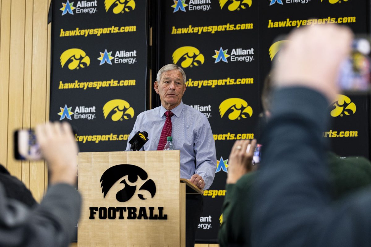 Iowa head coach Kirk Ferentz speaks to media members during a press conference at the Hansen Football Performance Center in Iowa City on Tuesday, Oct. 31, 2023. After the University of Iowa’s Interim Athletic Director Beth Goetz said in a statement released on Oct. 30 that she informed offensive coordinator Brian Ferentz that “this is his last season with the program,” Ferentz answered questions from the media about the statement. Ferentz also spoke about Iowa’s game against Northwestern on Nov. 4.