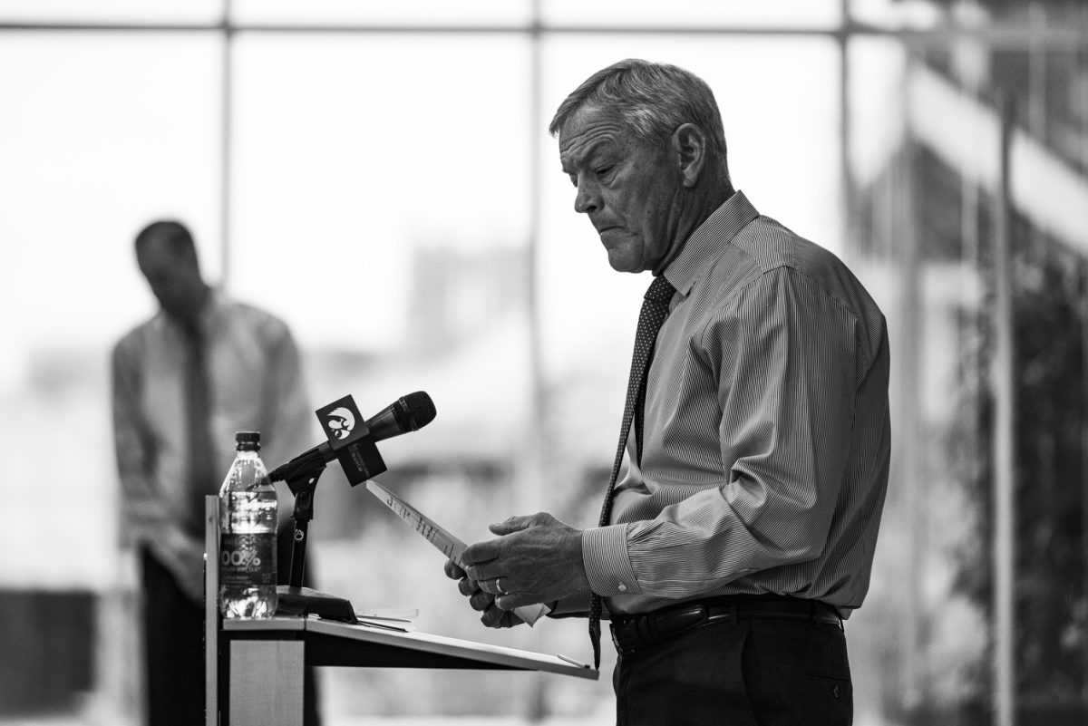 Iowa head coach Kirk Ferentz looks at his notes during a press conference at the Hansen Football Performance Center in Iowa City on Tuesday, Oct. 31, 2023. After the University of Iowa’s Interim Athletic Director Beth Goetz said in a statement released on Oct. 30 that she informed offensive coordinator Brian Ferentz that “this is his last season with the program,” Ferentz answered questions from the media about the statement. Ferentz also spoke about Iowa’s game against Northwestern on Nov. 4. Ferentz recognized the biological relationship with Brian Ferentz, saying he’s very fond of his son. “I’ve had a lot of relationships with people that have worked here, and thats one of the things we do,” Kirk Ferentz said. “If it was anybody on this staff that fell in this category, Id feel bad about it.”