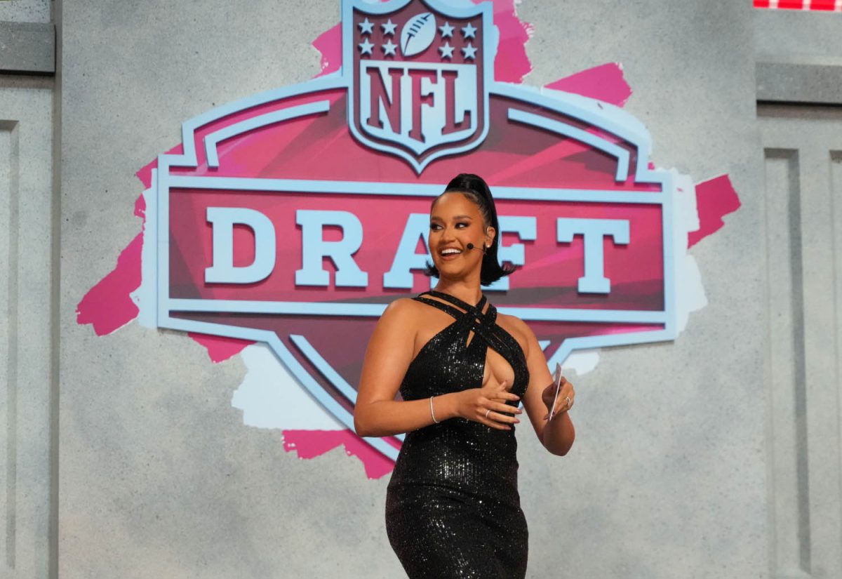 Apr 27, 2023; Kansas City, MO, USA; NFL Networks host Kimmi Chex on stage during the first round of the 2023 NFL Draft at Union Station. Mandatory Credit: Kirby Lee-USA TODAY Sports