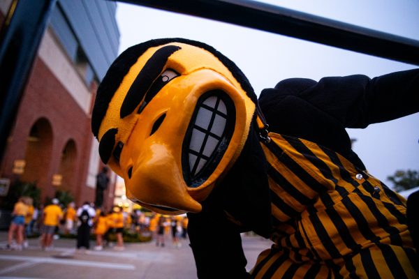Herky acknowledges the camera and rides away from Kinnick stadium after a football game between Iowa and Western Michigan at Kinnick Stadium in Iowa City on Saturday, Sept. 16, 2023. Herky celebrated his 75th birthday during halftime.