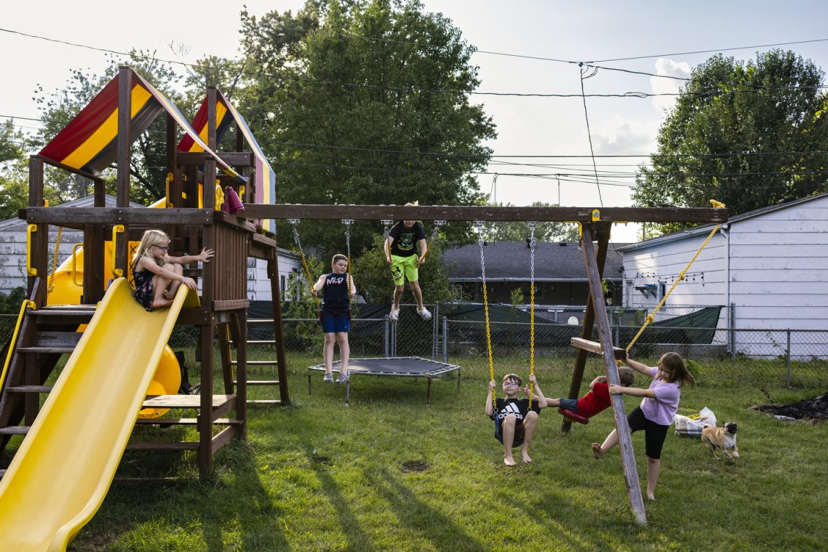 From left; Gracelyn Reese, 5, Kyran Anderson, 10, Julian Oliva, 10, Liam Doxsee, 9, Samuel Reese, 4, and Harper Reese, 6, play outside at the family’s home in Coal Valley, Ill., on Sunday, Sept. 17, 2023. As Liam’s Instagram profile biography and mother Mary Matheson notes often: “SCID won’t stop this kid.” Liam lives by this mantra.