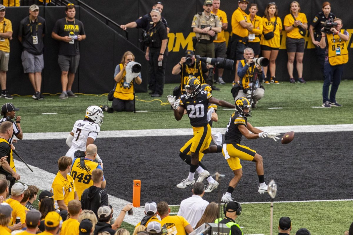 Iowa defensive back TJ Hall puts the ball down near the end zone after a punt during a football game between Iowa and Western Michigan at Kinnick Stadium in Iowa City on Saturday, Sept. 16, 2023. The Hawkeyes defeated the Broncos, 41-10. 