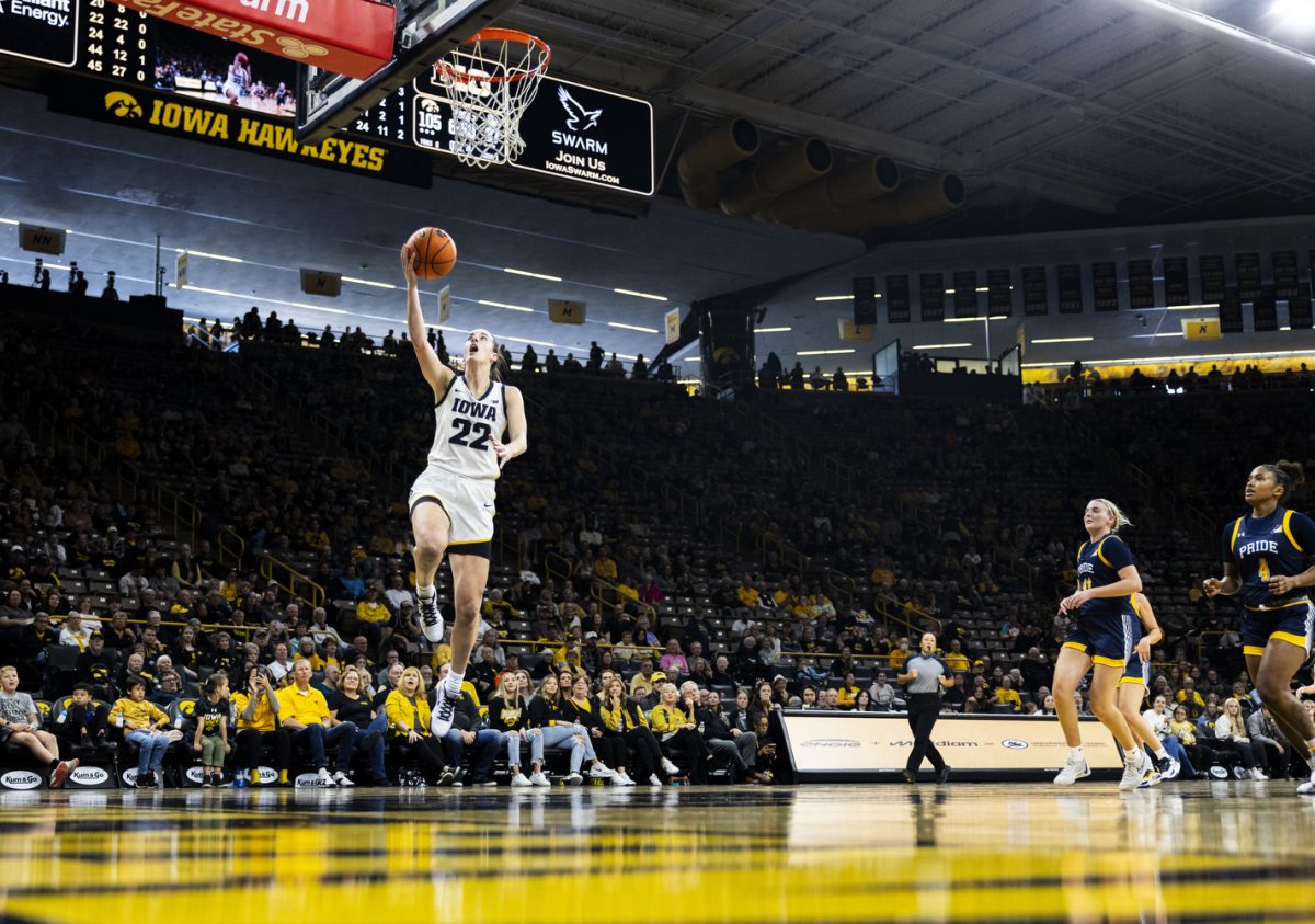 Iowa+guard+Caitlin+Clark+goes+up+for+a+layup+during+an+exhibition+women%E2%80%99s+basketball+game+between+Iowa+and+Clarke+University+at+Carver-Hawkeye+Arena+on+Sunday%2C+Oct.+22%2C+2023.+The+matchup+marks+Iowa%E2%80%99s+first+game+in+Carver-Hawkeye+Arena+for+the+23-24+season.+Clark+shot+9-of-13+in+the+paint.+The+Hawkeyes+defeated+the+Pride%2C+122-49.