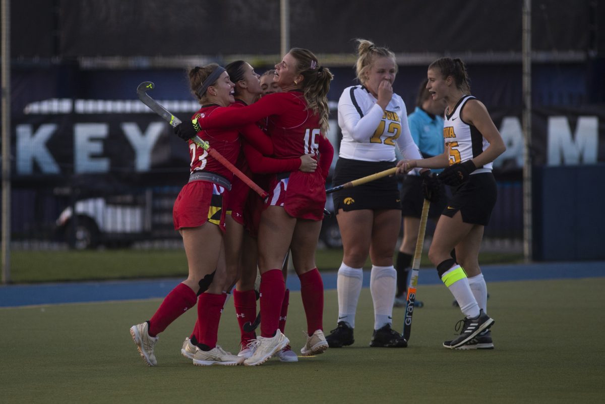 Members of the Maryland field hockey team celebrate after scoring a goal during a Big Ten field hockey tournament quarterfinals match between No. 6 Iowa and No. 3 Maryland at Phyllis Ocker Field in Ann Arbor, Mich., on Thursday, Nov. 2, 2023. The Terrapins defeated the Hawkeyes, 2-0.