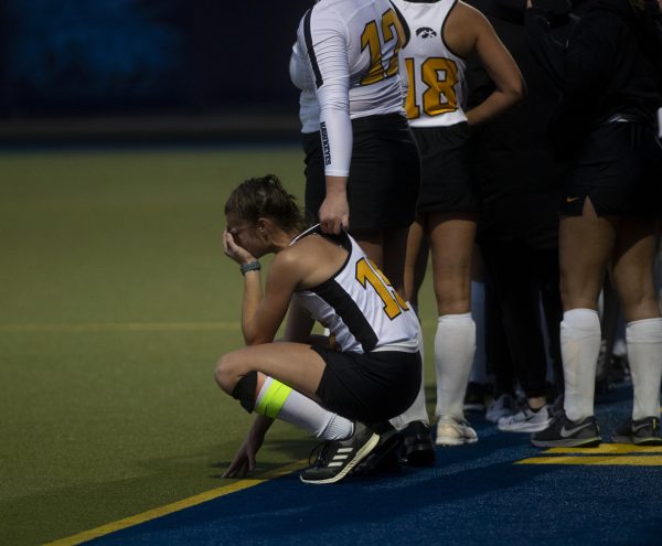 Iowa midfielder Esme Gibson cries after a Big Ten field hockey tournament quarterfinals match between No. 6 Iowa and No. 3 Maryland at Phyllis Ocker Field in Ann Arbor, Mich., on Thursday, Nov. 2, 2023. The Terrapins defeated the Hawkeyes, 2-0.