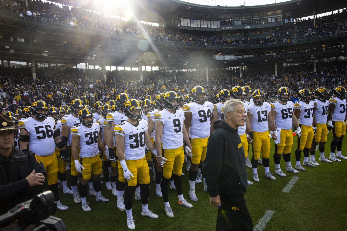 Iowa+prepares+to+walk+onto+the+field+during+the+2023+Wildcats+Classic%2C+a+football+game+between+Iowa+and+Northwestern+at+Wrigley+Field+in+Chicago+on+Saturday%2C+Nov.+4%2C+2023.+Iowa+had+a+total+of+169+yards.+The+Hawkeyes+defeated+the+Wildcats%2C+10-7.