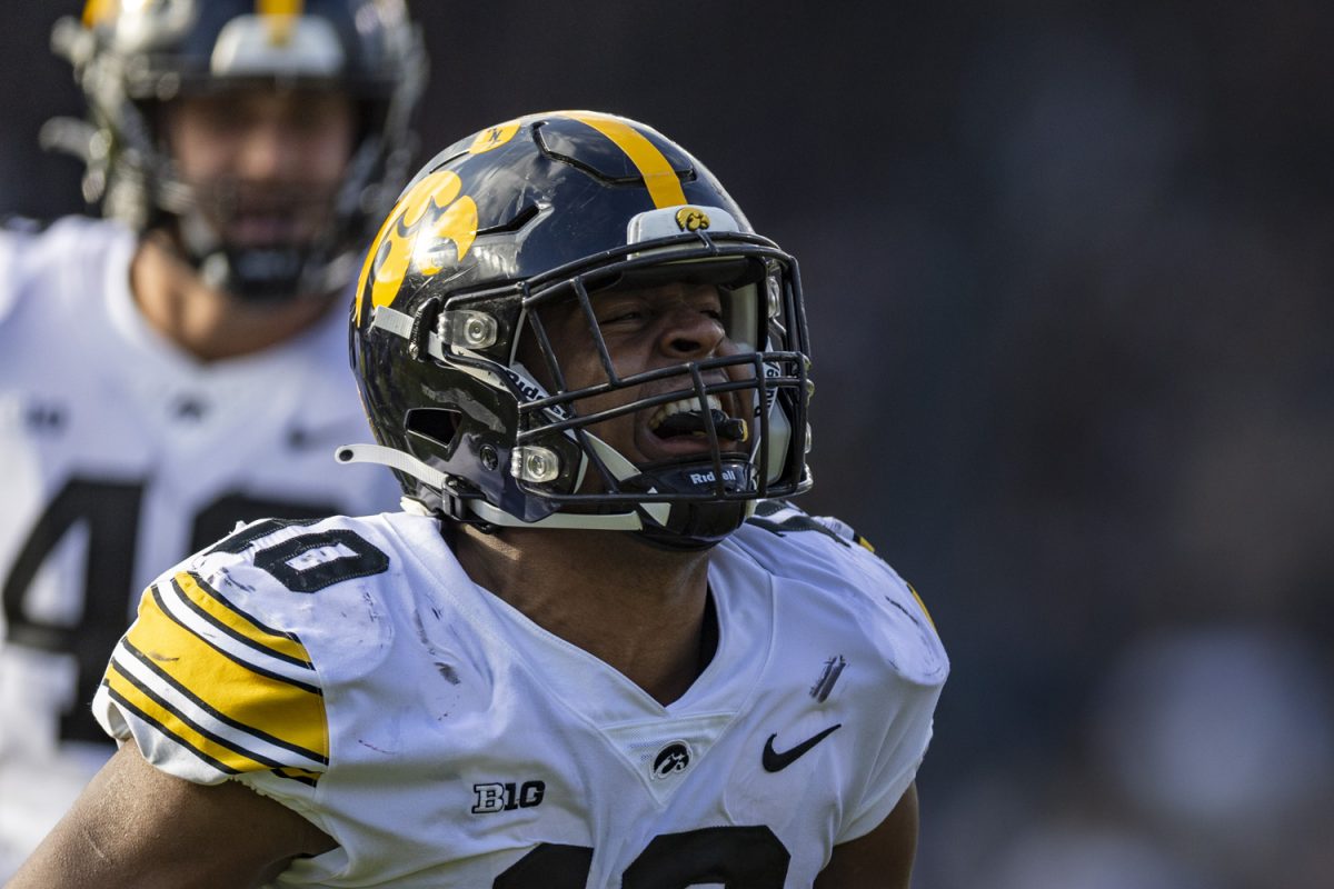 Iowa linebacker Nick Jackson celebrates during the 2023 Wildcats Classic, a football game between Iowa and Northwestern at Wrigley Field in Chicago, on Saturday, Nov. 4, 2023. Jackson had seven total tackles. The Hawkeyes defeated the Wildcats, 10-7.
