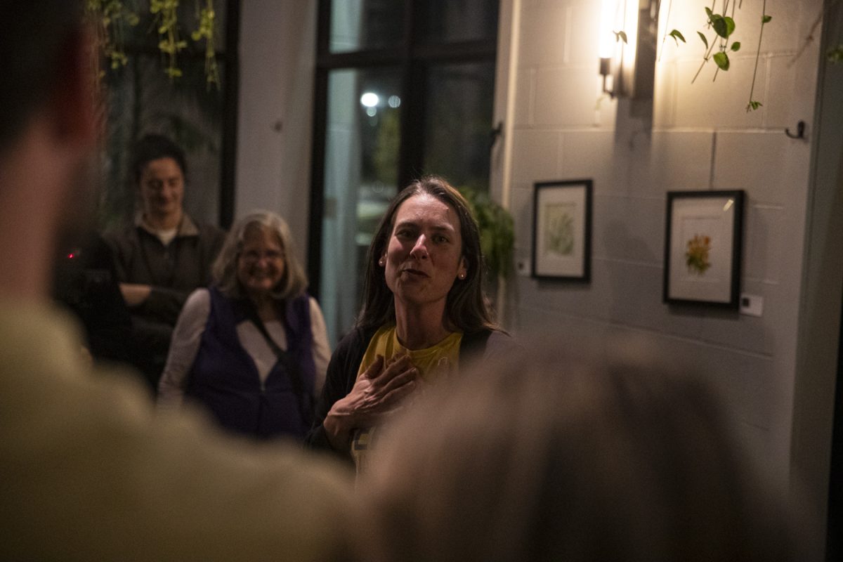 At-Large Iowa City City Council member Laura Bergus addresses her supporters after results project her victory during her watch party at The Green House in Iowa City on Tuesday, Nov. 7, 2023. (Jordan Barry/ The Daily Iowan)