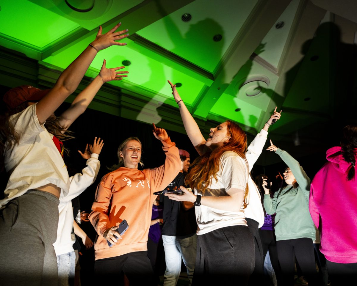 Members dance during the University of Iowa Dance Marathon’s “Day to Dance Marathon” Power Hour at the Iowa Memorial Union in Iowa City on Tuesday, Nov. 7, 2023. The organization raised $253,695.30 during its 24-hour fundraising event. 