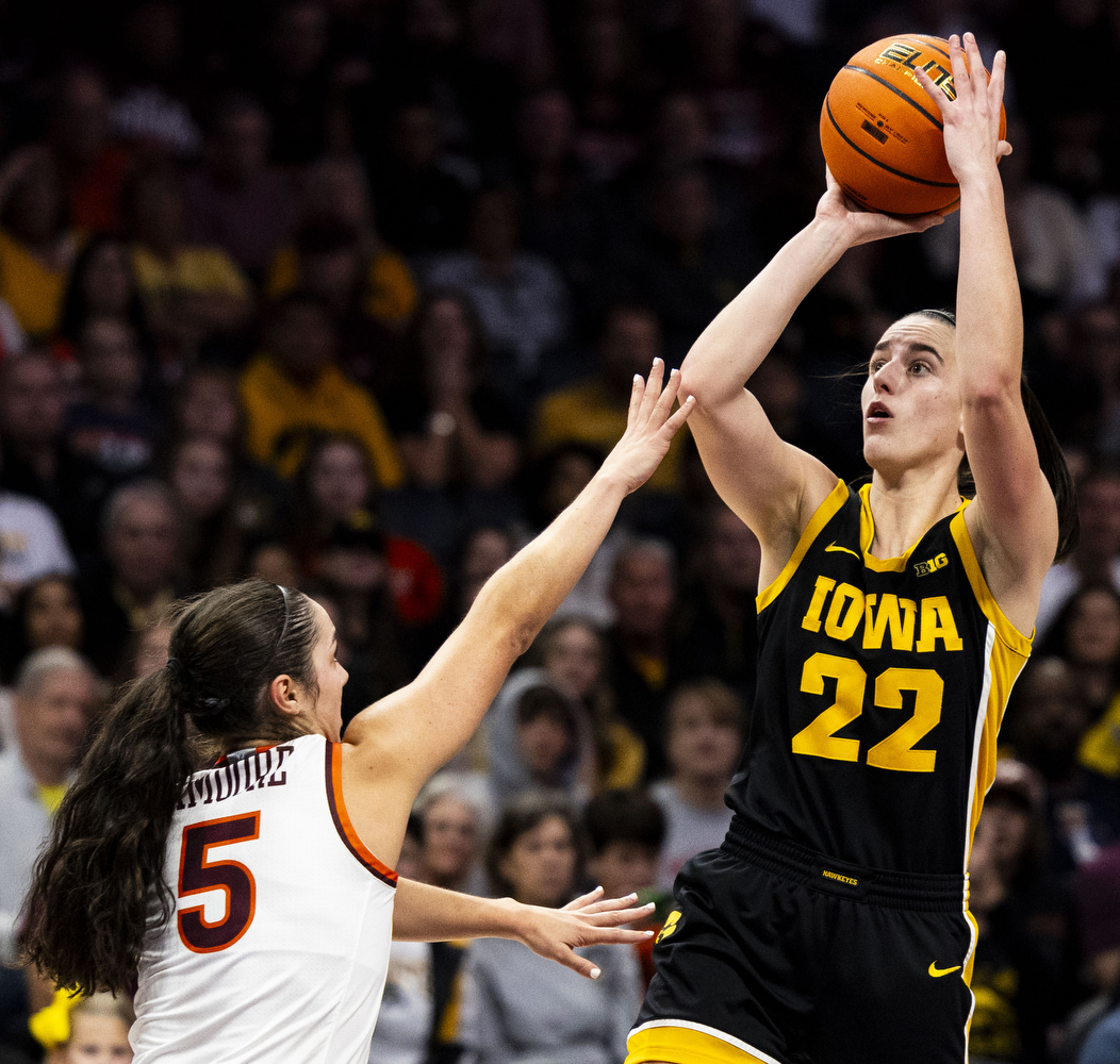 Iowa guard Caitlin Clark goes up for a shot during the Ally Tipoff, a basketball game between No. 3 Iowa and No. 8 Virginia Tech at Spectrum Center in Charlotte, N.C., on Thursday, Nov. 9, 2023. Clark shot 13-of-31 in the paint. The Hawkeyes defeated the Hokies, 80-76. 