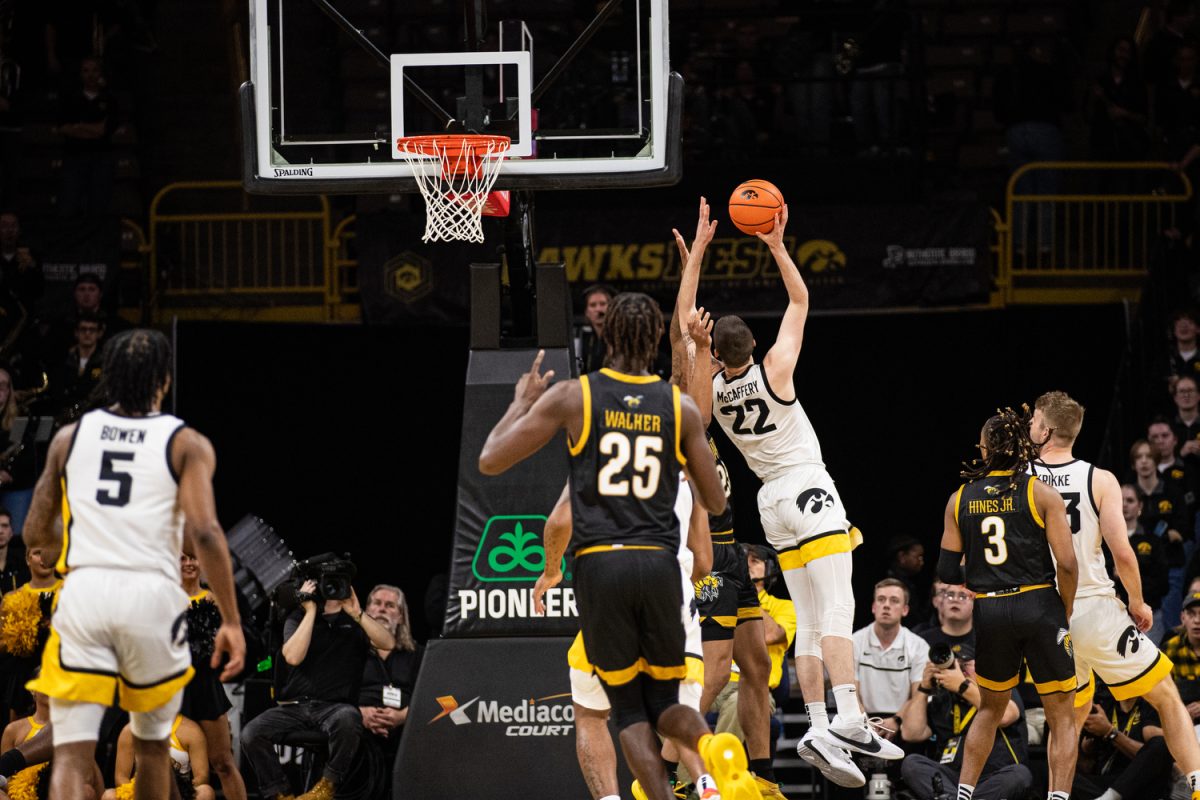Iowa+Forward+Patrick+McCaffery+goes+up+for+a+shot+during+a+game+between+Alabama+State+and+Iowa.+on+Friday%2C+Nov.+10%2C+2023+at+Carver-Hawkeye+Arena.+The+Hawkeyes+defeated+the+Hornets+98-67.+McCaffery+scored+22+points.+