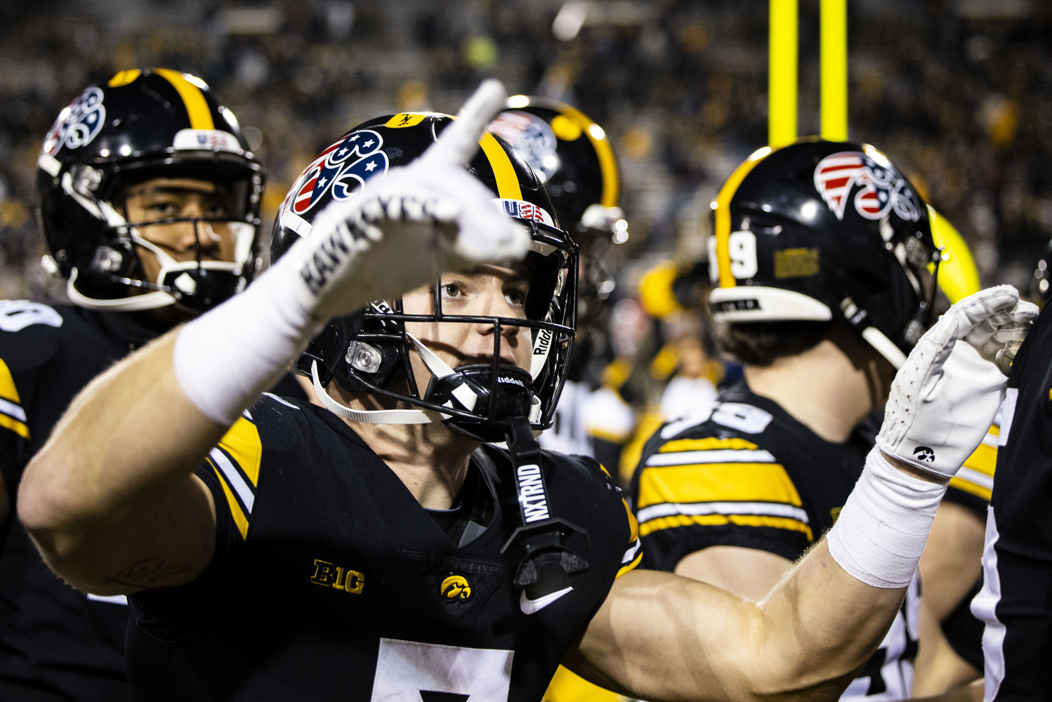 Iowa defensive back Cooper DeJean points to fans after winning a football game between Iowa and Rutgers at Kinnick Stadium on Saturday, Nov. 11, 2023. The Hawkeyes defeated the Scarlet Knights, 22-0.