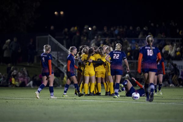 The University of Iowa’s soccer team celebrates a goal in the first round game of the NCAA women’s soccer tournament against Bucknell University on Friday, Nov. 10, 2023. The game was hosted at the University of Iowa Soccer Complex. The Hawkeyes defeated the Bison, 2-0. 