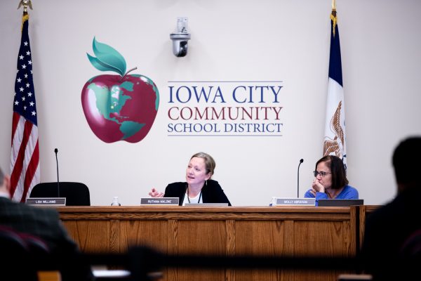 Newly elected President Pro Tem Jayne Finch speaks during an Iowa City Community School District School Board meeting in Iowa City on Tuesday, Nov. 14, 2023.
