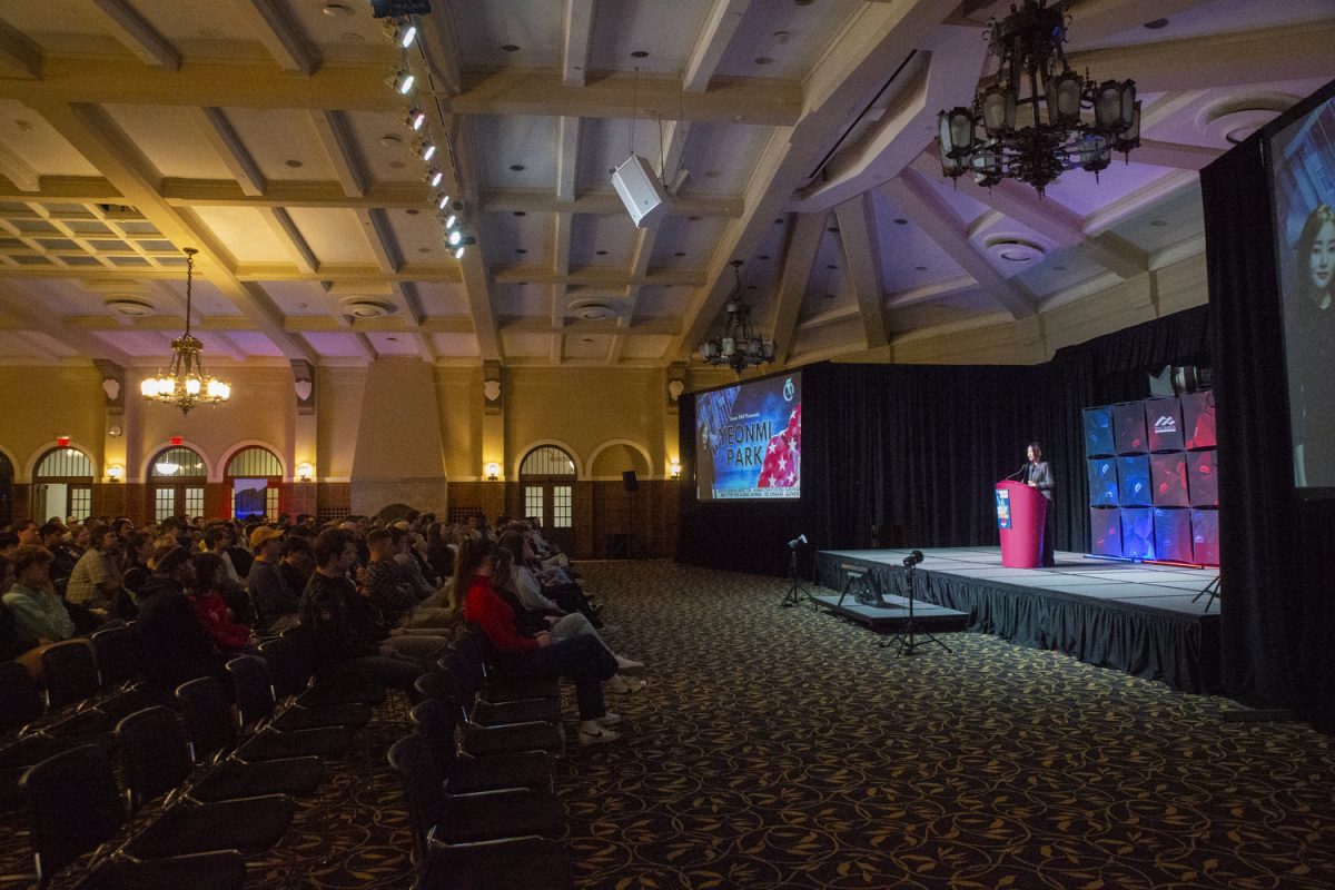 Conservative activist Yeonmi Park speaks at the Iowa Memorial Union’s Main Lounge in an event sponsored by Young Americans for Freedom on Tuesday, Nov 14, 2023. Yeonmi Park described defecting from North Korea and her experiences with communism.