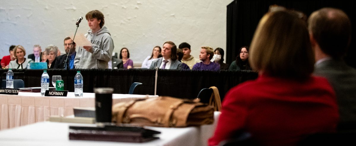 University of Northern Iowa student Sam Zimmerman speaks during a Board of Regents meeting in Cedar Falls, Iowa on Wednesday, Nov. 15, 2023. “Today I’m here to express how diversity equity and inclusion services saved my life,” said Zimmerman. 