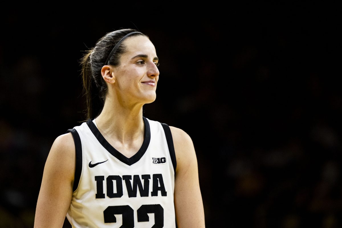 Iowa guard Caitlin Clark smiles during a basketball game between No. 2 Iowa and Kansas State at Carver-Hawkeye Arena in Iowa City on Thursday, Nov. 16, 2023. The Wildcats defeated the Hawkeyes, 65-58. 