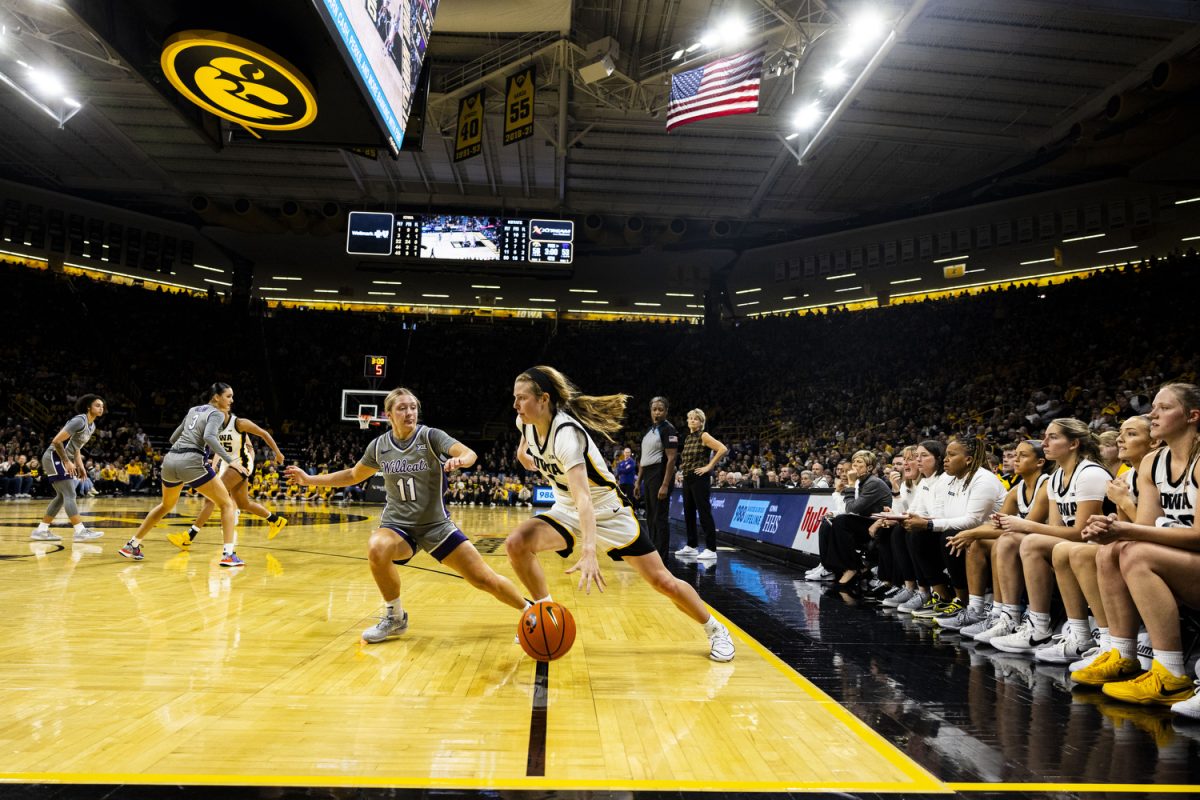 Iowa guard Molly Davis dribbles to the basket during a basketball game between No. 2 Iowa and Kansas State at Carver-Hawkeye Arena in Iowa City on Thursday, Nov. 16, 2023. Davis played for 21 minutes and shot 3-of-3 in field goals. The Wildcats defeated the Hawkeyes, 65-58.