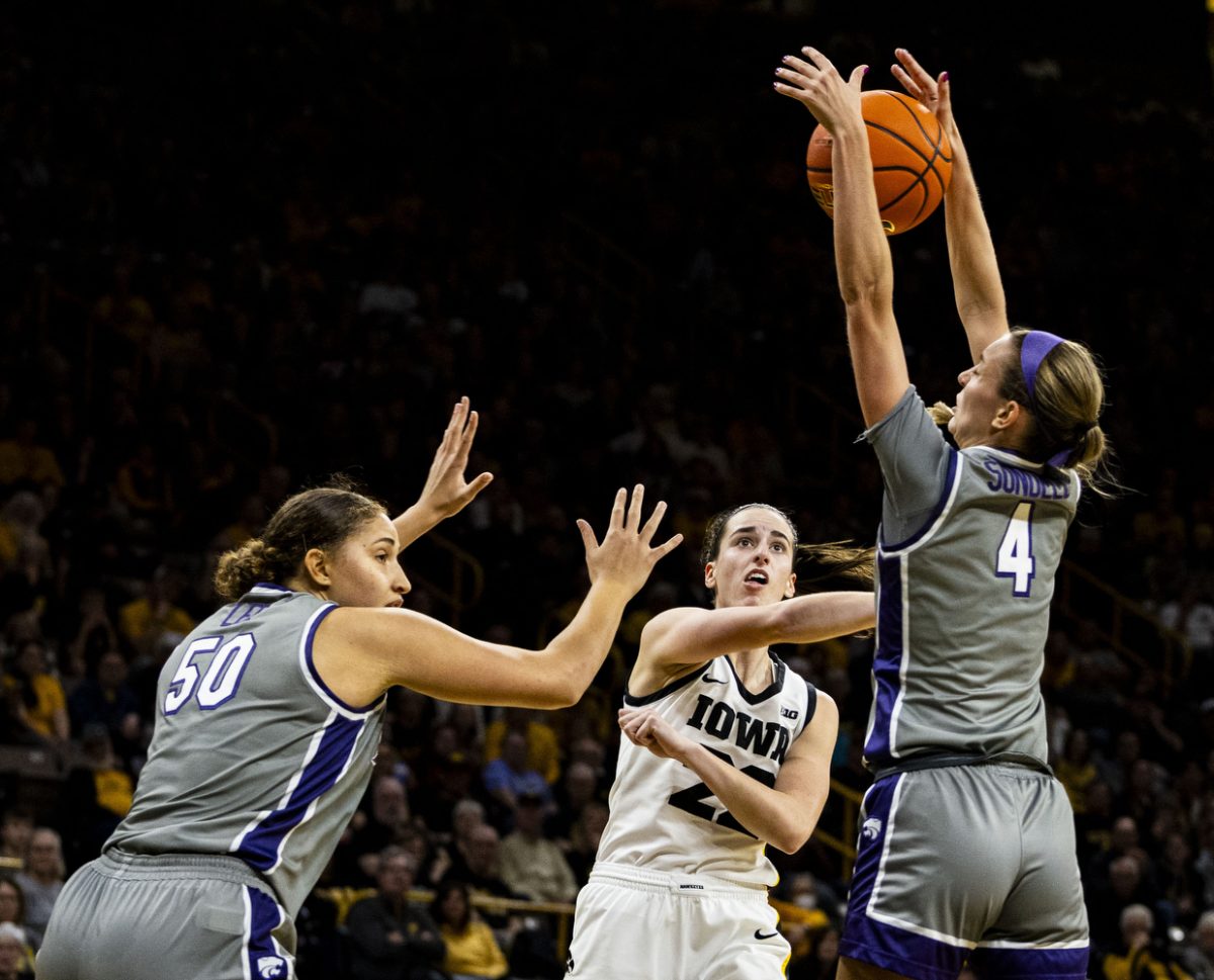 Kansas State guard Serena Sundell blocks Iowa guard Caitlin Clark’s pass during a basketball game between No. 2 Iowa and Kansas State at Carver-Hawkeye Arena in Iowa City on Thursday, Nov. 16, 2023. Sundell played for 39 minutes and had five rebounds. The Wildcats defeated the Hawkeyes, 65-58.