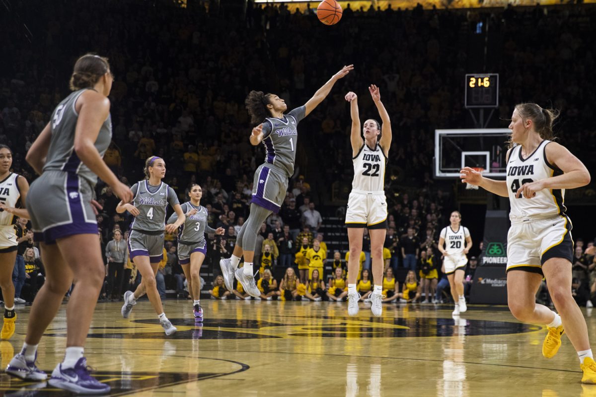 Iowa+guard+Caitlin+Clark+shoots+a+three-pointer+during+a+basketball+game+between+No.+2+Iowa+and+Kansas+State+at+Carver-Hawkeye+Arena+in+Iowa+City+on+Thursday%2C+Nov.+16%2C+2023.+Clark+scored+just+24+points+for+Iowa%2C+tying+her+lowest-scoring+game+of+the+season+against+UNI+on+Nov.+12.+The+Wildcats+defeated+the+Hawkeyes%2C+65-58.