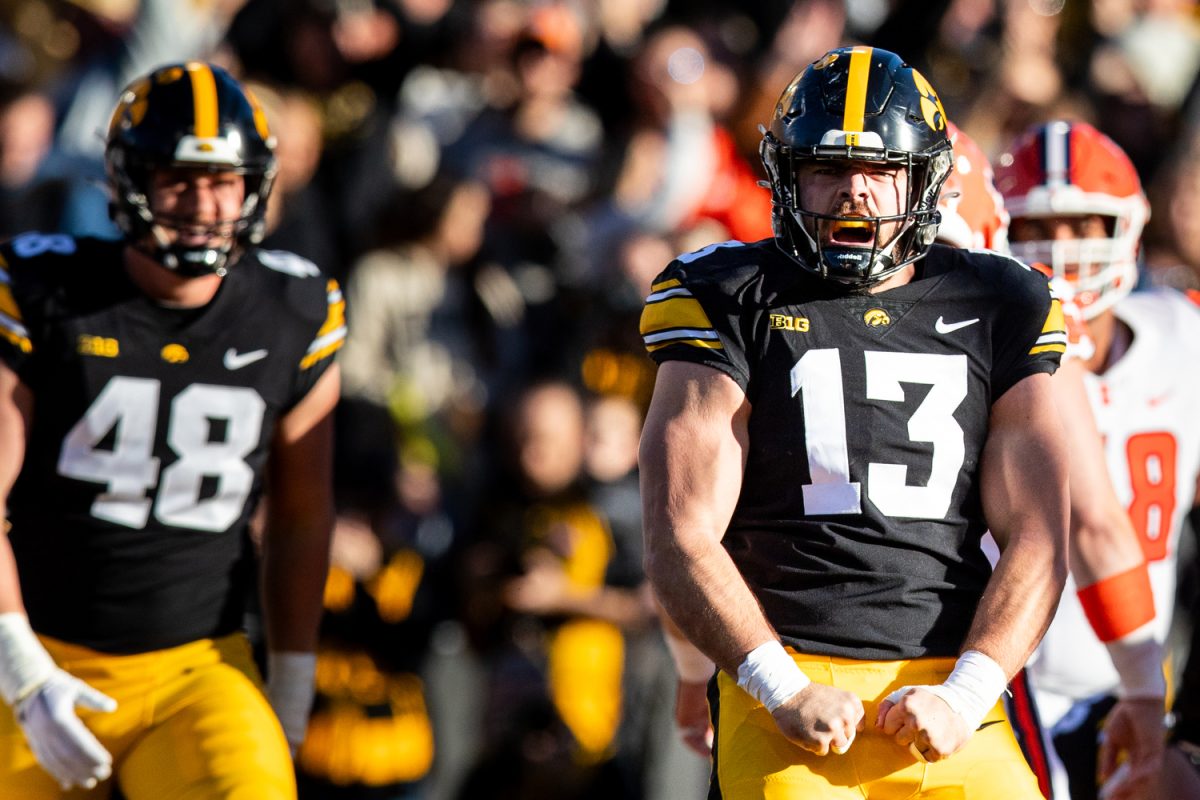 Iowa+defensive+end+Joe+Evans+celebrates+after+forcing+a+safety+on+Illinois+during+a+football+game+between+Iowa+and+Illinois+at+Kinnick+Stadium+on+Saturday%2C+Nov.+18%2C+2023.+The+Hawkeyes+defeated+the+Fighting+Illini%2C+15-13.+