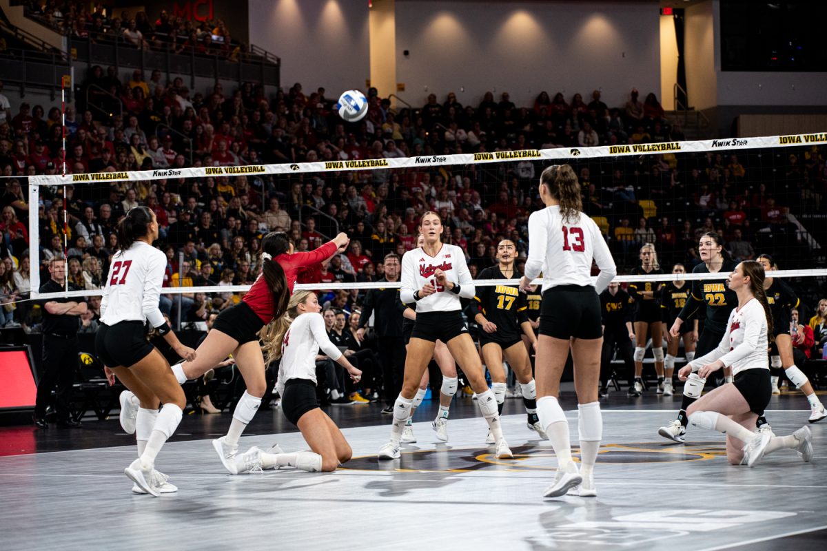 Nebraska libero Lexi Rodriguez bumps the ball during a volleyball match between Iowa and Nebraska at Xtream Arena in Coralville on Sunday, Nov. 19, 2023.