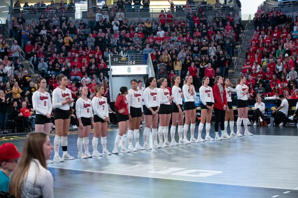 Nebraskas volleyball team lines up before a volleyball game between Iowa and Nebraska at Xtream Arena in Coralville on Sunday, Nov. 19, 2023. 