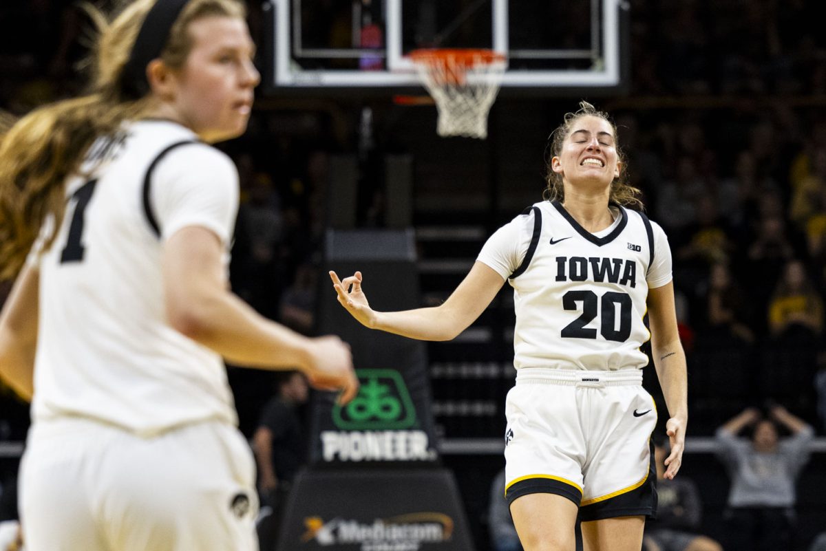 Iowa+guard+Kate+Martin+celebrates+scoring+a+three-pointer+during+a+basketball+game+between+No.+2+Iowa+and+Drake+at+Carver-Hawkeye+Arena+in+Iowa+City+on+Sunday%2C+Nov.+19%2C+2023.+