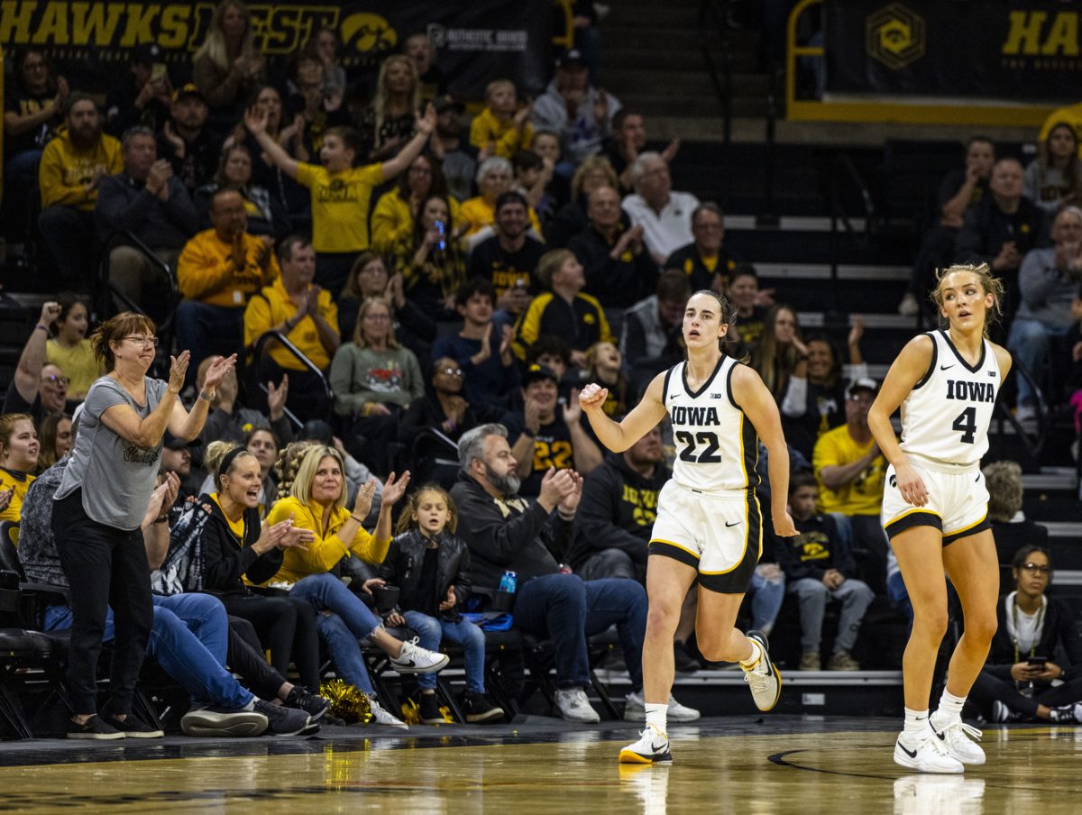 Iowa+guard+Caitlin+Clark+celebrates+during+a+basketball+game+between+No.+2+Iowa+and+Drake+at+Carver-Hawkeye+Arena+in+Iowa+City+on+Sunday%2C+Nov.+19%2C+2023.+Today+marks+Clark%E2%80%99s+44th+double-double+with+35+points+and+10+assists.+The+Hawkeyes+defeated+the+Bulldogs+in+the+sold-out+arena%2C+113-90.