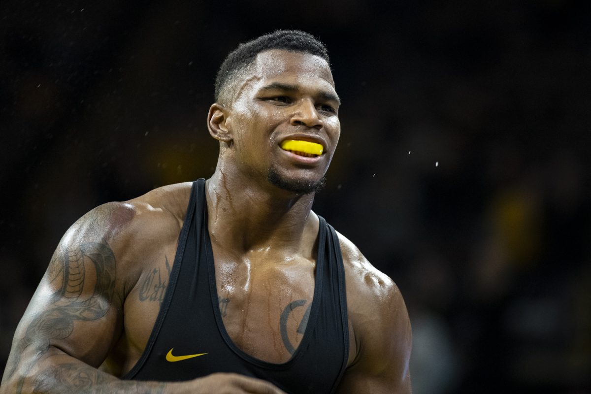Iowa%E2%80%99s+174-pound+Gabe+Arnold+smiles+after+wrestling+Oregon+State%E2%80%99s+No.+11+Travis+Wittlake+during+a+men%E2%80%99s+wrestling+dual+between+No.+3+Iowa+and+No.+16+Oregon+State+at+Carver-Hawkeye+Arena+on+Sunday%2C+Nov.+19%2C+2023.+Arnold+defeated+Wittlake+by+decision%2C+4-2.+The+Hawkeyes+defeated+the+Beavers%2C+25-11.