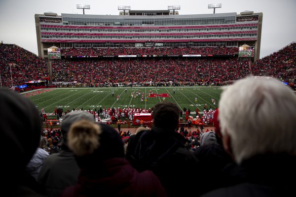 Players scramble after an incomplete pass during a football game between Iowa and Nebraska at Memorial Stadium in Lincoln Nebraska on Friday, Nov. 23, 2023. The Hawkeyes defeated the Cornhuskers 13-10.