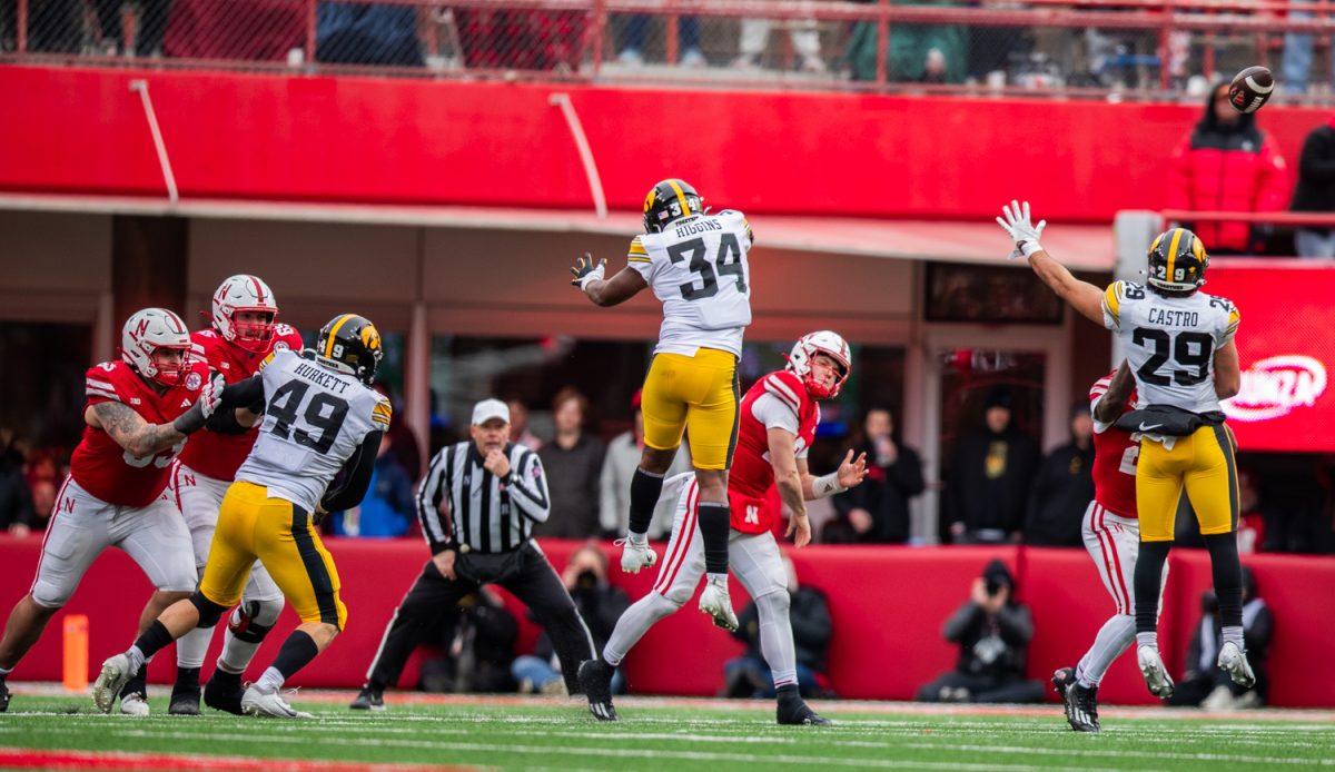 Iowa+linebacker+Jay+Higgins+and+Iowa+defensive+back+Sebastian+Castro+attempt+to+block+a+pass+by+Nebraska+quarterback+Chubba+Purdy+during+a+football+game+between+No.+17+Iowa+and+Nebraska+at+Memorial+Stadium+in+Lincoln%2C+Nebraska%2C+on+Friday%2C+Nov.+23%2C+2023.+The+Hawkeyes+defeated+the+Cornhuskers%2C+13-10.