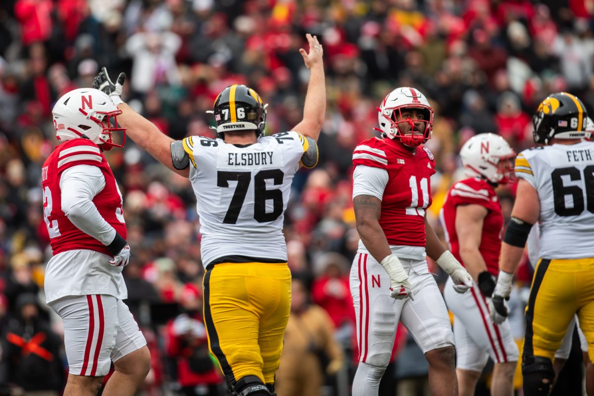 Iowa+offensive+lineman+Tyler+Elsbury+celebrates+after+a+turnover+during+a+football+game+between+No.+17+Iowa+and+Nebraska+at+Memorial+Stadium+in+Lincoln+Nebraska+on+Friday%2C+Nov.+23%2C+2023.+The+Hawkeyes+defeated+the+Cornhuskers+13-10.