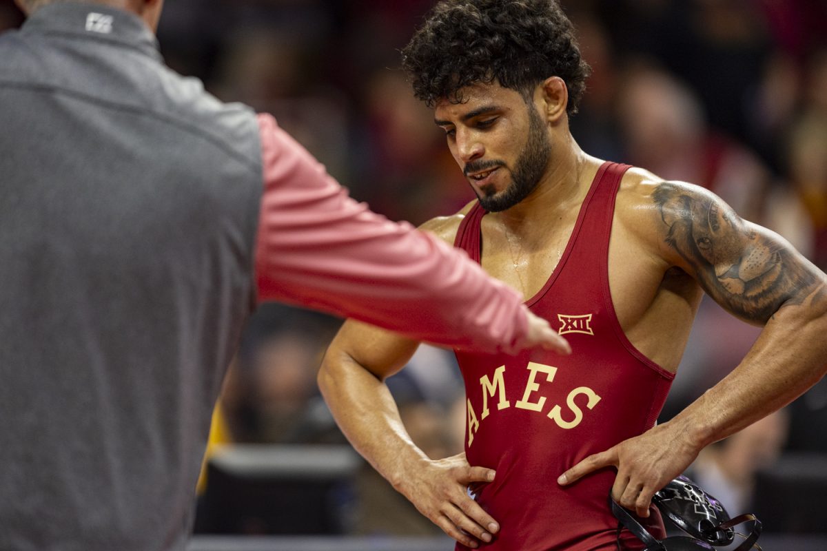 Iowa State’s No. 19 Anthony Echemendia walks off the mat after wrestling Iowa’s No. 1 141-pound Real Woods during a Cy-Hawk men’s wrestling dual between No. 4 Iowa and No. 8 Iowa State at Hilton Coliseum on Sunday, Nov. 26, 2023. The Hawkeyes defeated the Cyclones, 18-14. Woods defeated Echemendia in sudden victory, 4-1.