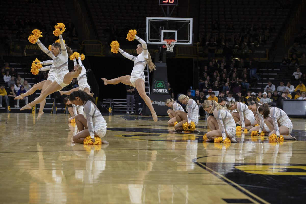 The Iowa dance team dances during halftime during a men’s basketball game between Iowa and North Florida at Carver-Hawkeye Arena on Wednesday, Nov. 17, 2023. The Hawkeyes defeated the Ospreys, 103-78.