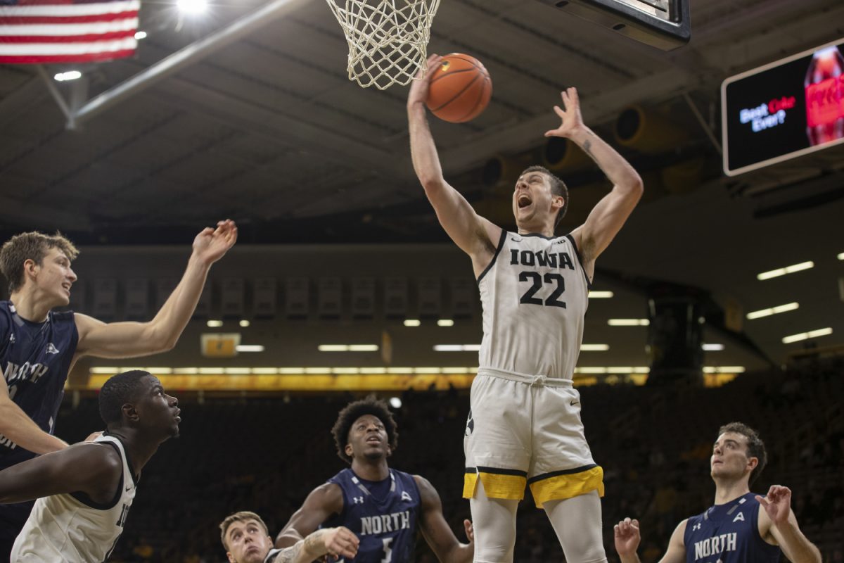 Patrick McCaffery goes for a layup during a men’s basketball game between Iowa and North Florida at Carver-Hawkeye Arena on Wednesday, Nov. 17, 2023. The Hawkeyes defeated the Ospreys ,103 - 78. McCaffery scored 16 points for Iowa throughout the game.